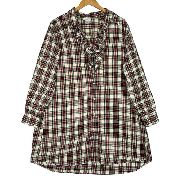 Soft Surroundings Plaid Ruffle Tunic Top Large 100% Cotton Button Front - Picture 13 of 13
